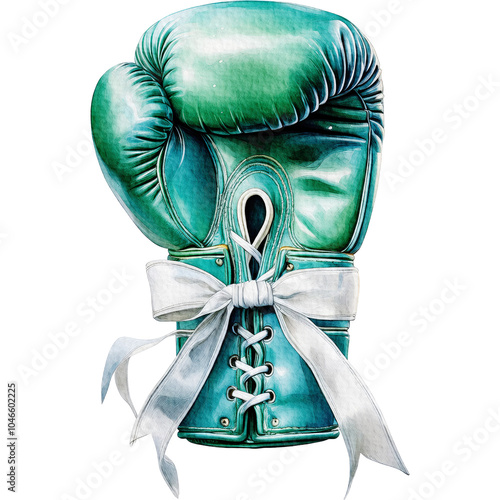 Watercolor illustration White Ribbon Tie around the teal boxing glove clipart photo