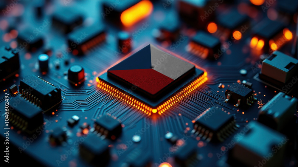 Fototapeta premium A microprocessor with the Czech flag is embedded on a circuit board, highlighted by glowing lights, showcasing influence in global semiconductor and computing technology.