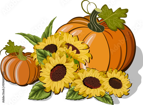 Illustration with pumpkins and sunflowers.Colored vector illustration with sunflowers and pumpkins on a transparent background. photo