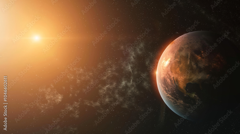 Naklejka premium stunning view of exoplanet illuminated by distant star, showcasing its vibrant surface and cosmic surroundings. scene evokes sense of wonder and exploration