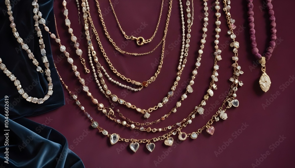 Fototapeta premium A close-up of delicate necklaces and bracelets elegantly displayed on a soft velvet background, showcasing intricate details. 