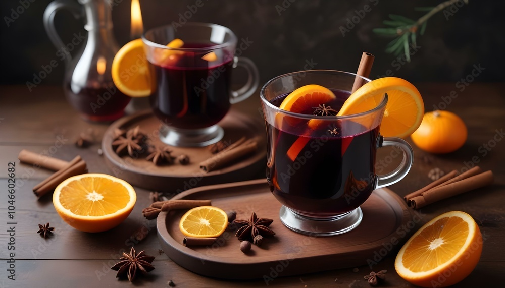 A cozy scene featuring a glass of mulled wine with spices floating, accompanied by a slice of orange and cloves, inviting warmth and comfort. A cozy scene featuring a glass of mulled wine with spices floating, accompanied by a slice of orange and cloves, inviting warmth and comfort.