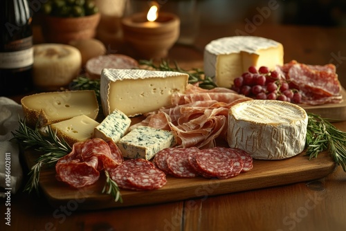 gourmet charcuterie display, stylish cheese and meat charcuterie board on a rustic table backdrop with room for text, showcasing gourmet selections