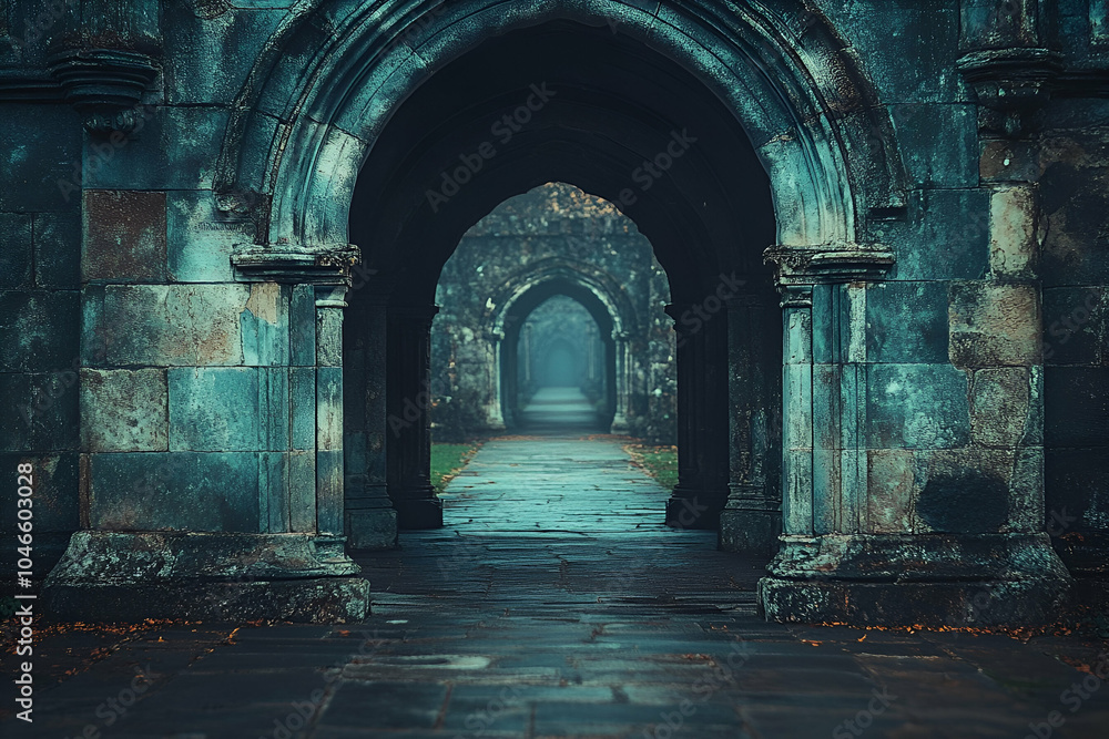 A hauntingly beautiful view of arched stone passages leading into fog, evoking mystery and the passage of time in a serene, atmospheric setting. A hauntingly beautiful view of arched stone passages leading into fog, evoking mystery and the passage of time in a serene, atmospheric setting.