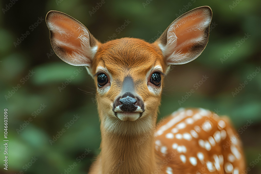 A close-up of a young deer with doe-like features, showcasing its large eyes and delicate spots against a blurred green background. A close-up of a young deer with doe-like features, showcasing its large eyes and delicate spots against a blurred green background.