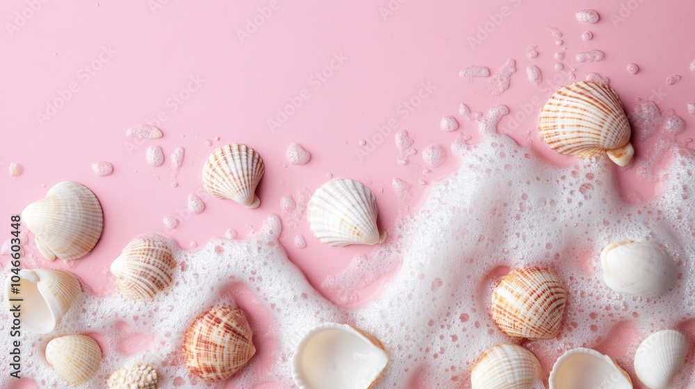 Photo of, Pink background with minimalist ocean waves and seashells for design, banner template Photo of, Pink background with minimalist ocean waves and seashells for design, banner template