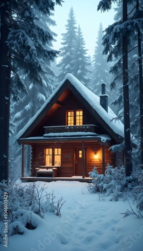 A charming wooden cabin nestled among snowy pine trees, radiating a warm glow from its windows. Space for text is available at the top of the image, enhancing the cozy winter ambiance.