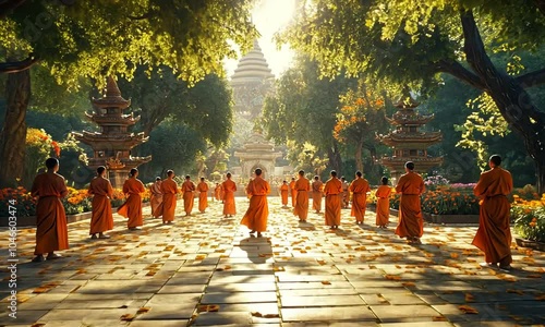 Monks in orange robes walking through a sunlit garden pathway.