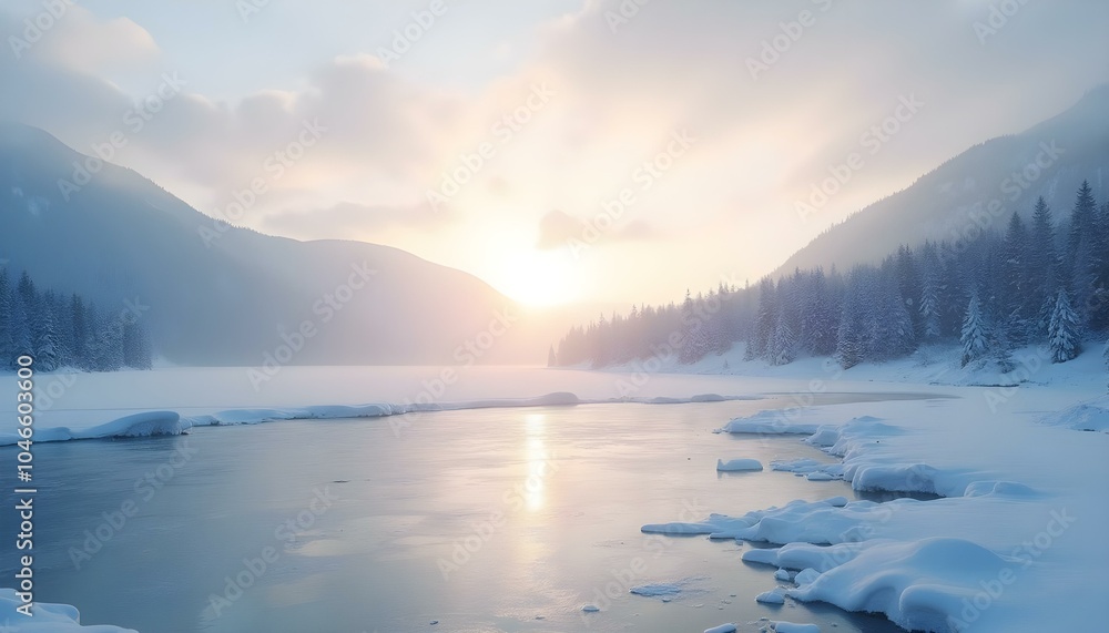 Obraz premium A serene winter scene showcasing snow-covered hills and a frozen lake, illuminated by the soft glow of sunrise reflecting off the ice. Perfect for adding text in the sky.