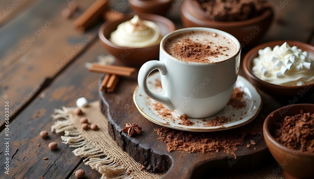 A beautifully arranged hot cocoa bar featuring an array of toppings like marshmallows, whipped cream, and chocolate shavings. A beautifully arranged hot cocoa bar featuring an array of toppings like marshmallows, whipped cream, and chocolate shavings.