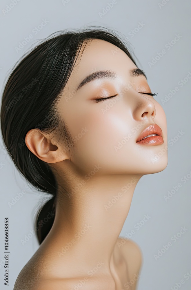 an Asian woman with her eyes closed, featuring clear and flawless skin on the front half of her face. She has delicate features and is wearing light makeup an Asian woman with her eyes closed, featuring clear and flawless skin on the front half of her face. She has delicate features and is wearing light makeup