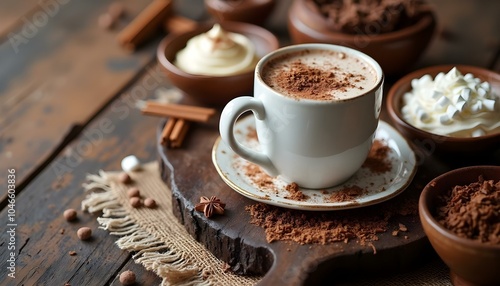 A beautifully arranged hot cocoa bar featuring an array of toppings like marshmallows, whipped cream, and chocolate shavings. 