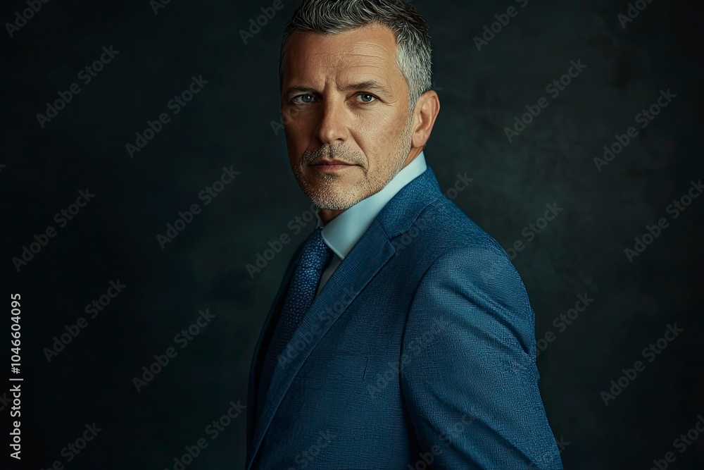 Fototapeta premium middle-aged man in a blue suit studio with generative ai