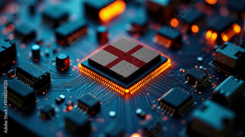 A microprocessor with the England flag is embedded on a circuit board, highlighted by glowing lights, showcasing influence in global semiconductor and computing technology.