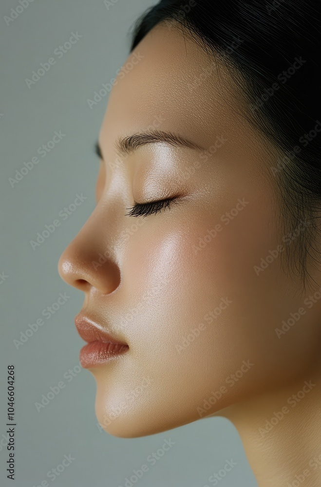 Fototapeta premium an Asian woman with her eyes closed, featuring clear and flawless skin on the front half of her face. She has delicate features and is wearing light makeup