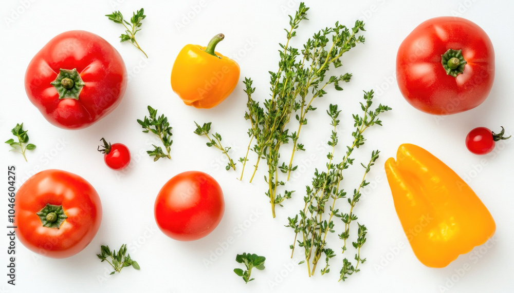 Fresh thyme, tomatoes and yellow peppers arranged on white background Fresh thyme, tomatoes and yellow peppers arranged on white background