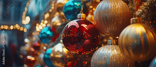 Festive Christmas Ornaments Closeup with Shiny Gold and Red Baubles, Festive Christmas Ornaments Closeup with Shiny Gold and Red Baub photo