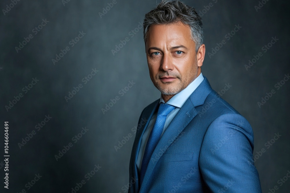 middle-aged man in a blue suit studio with generative ai middle-aged man in a blue suit studio with generative ai