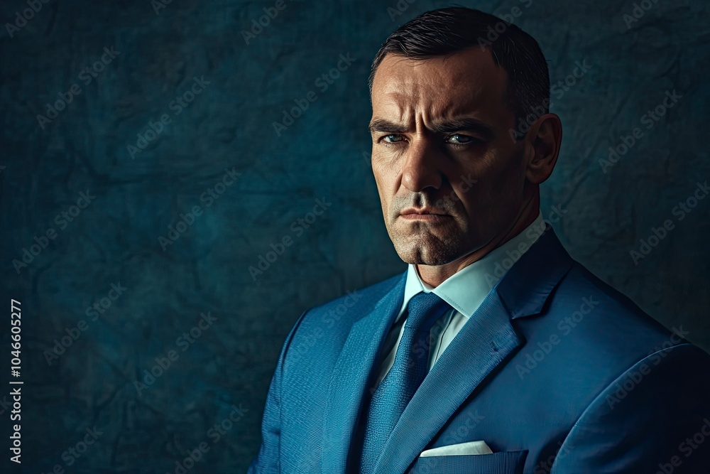 Fototapeta premium middle-aged man in a blue suit studio with generative ai