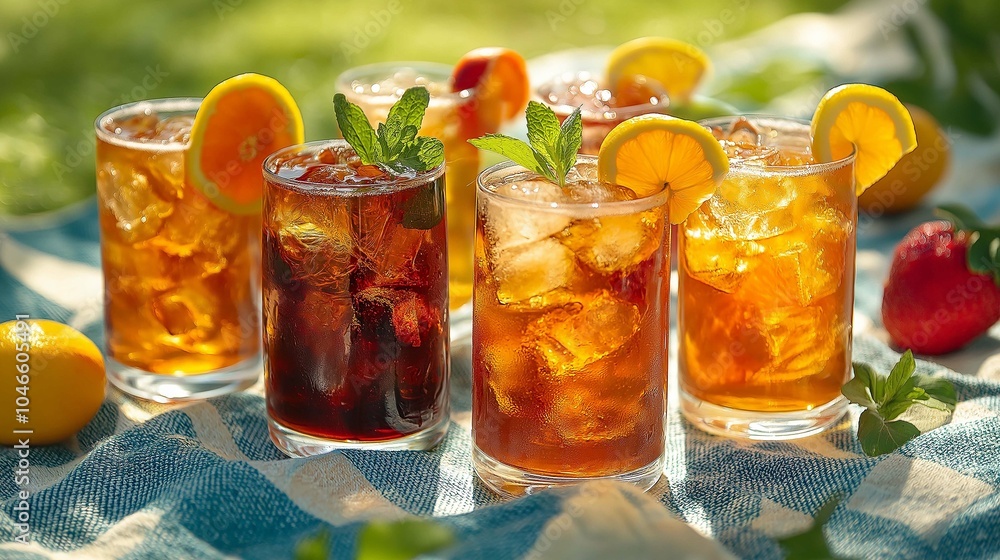 Colorful Drinks in Different Glasses on a Bright Surface Colorful Drinks in Different Glasses on a Bright Surface