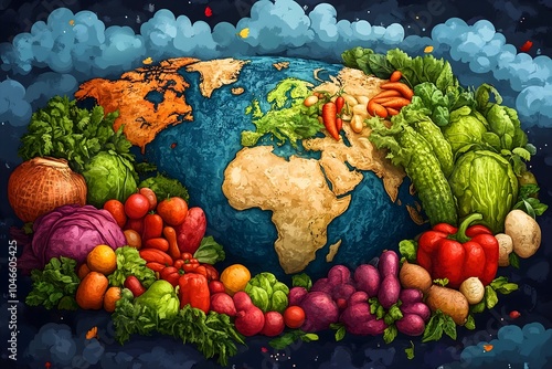 World food Day, October and modern typography text design sorrounding many fruits and vegetable are arranged. photo