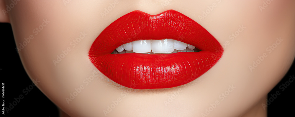 Fototapeta premium Vibrant red lipstick accentuates full lips on a woman's face against a dark background