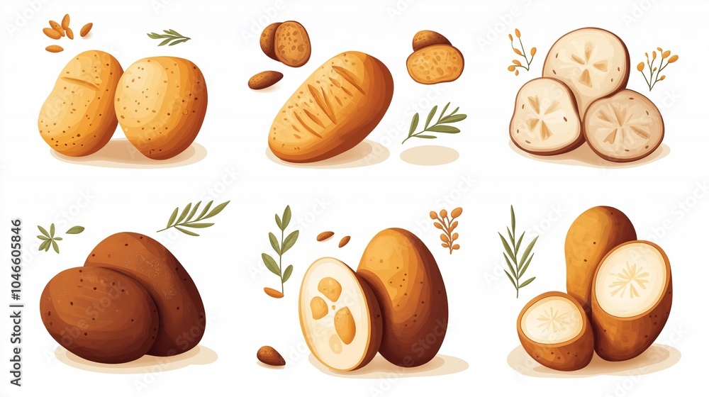 A collection of whole and sliced potatoes with leaves and seeds. A collection of whole and sliced potatoes with leaves and seeds.