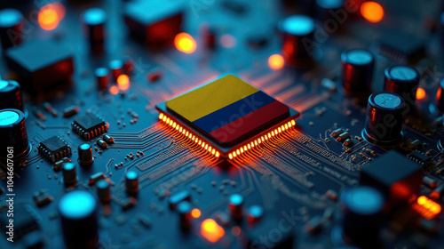 A Colombia flagged microchip is centered on a circuit board, surrounded by illuminated components, symbolizing role in semiconductor innovation and technology leadership.