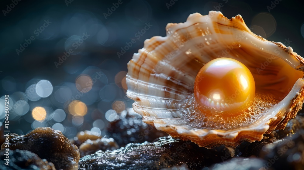 A captivating golden pearl rests inside a beautifully spiraled seashell, surrounded by glistening stones, catching the light in a tranquil coastal setting A captivating golden pearl rests inside a beautifully spiraled seashell, surrounded by glistening stones, catching the light in a tranquil coastal setting