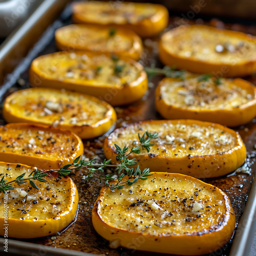 Golden roasted tromboncino squash slices are beautifully arranged on baking tray, garnished with fresh thyme and sprinkled with seasoning, creating delicious and inviting dish photo