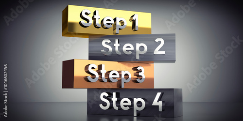 Step 1, 2, 3 and 4 - words on metal blocks - 3D illustration