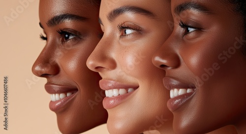 Three women of diverse backgrounds smile, each with a beautiful skin tone and natural-looking makeup