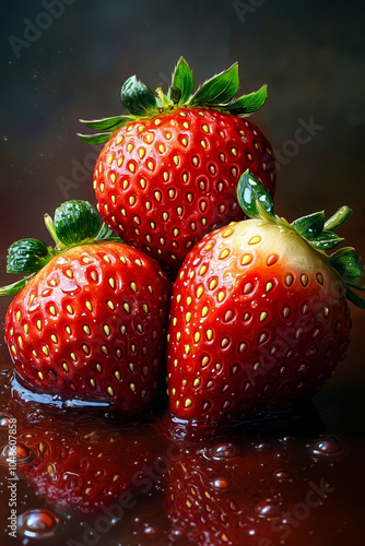 A group of three ripe strawberries sitting on top of a table