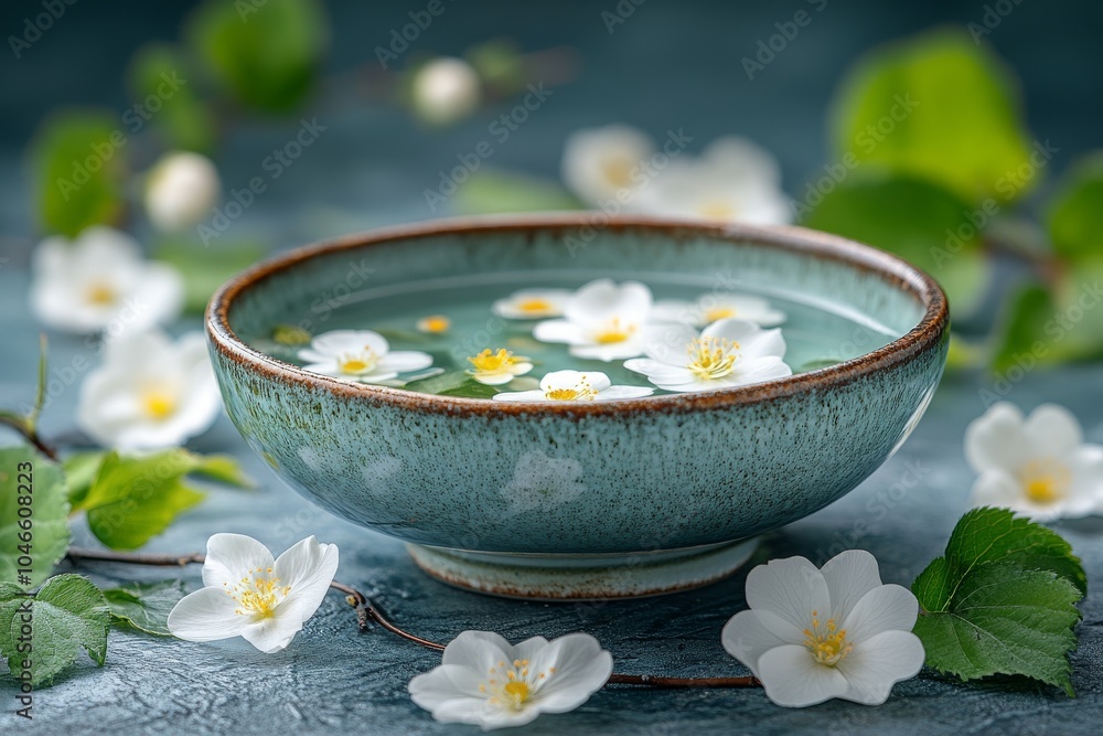 Water bowl with white flowers, surrounded by leaves for serene decor Water bowl with white flowers, surrounded by leaves for serene decor