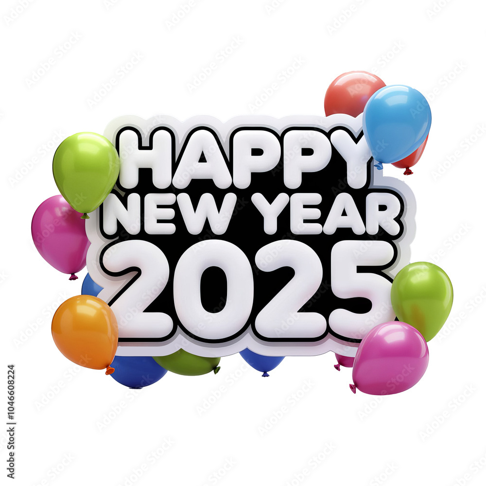 A 3D render of a sticker with the text Happy New Year 2025, There are colorful balloons A 3D render of a sticker with the text Happy New Year 2025, There are colorful balloons