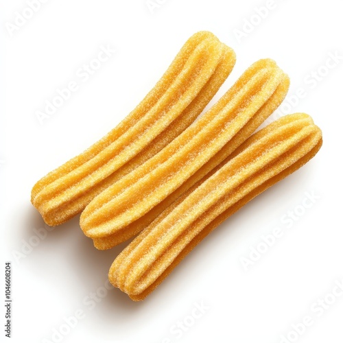 Delicious crispy churros, golden-brown, isolated on a white background, perfect for sweet treats and dessert recipes.