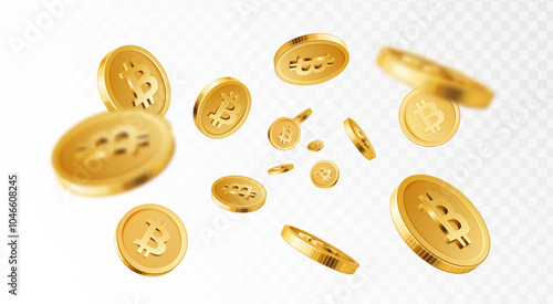 Bitcoin explosion. Cryptocurrency, electronic payments and blockchain. Golden 3D coins explosion, bitcoins splash. Vector isolated concept.