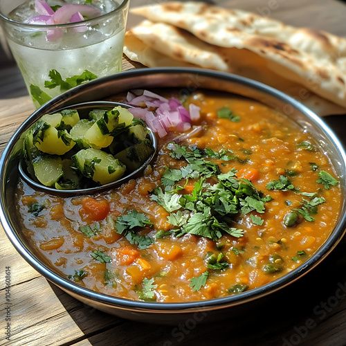 Delicious Dal Bhat served with side of pickles, fresh herbs, and naan bread, creating vibrant and flavorful meal experience. Enjoy rich textures and colors! photo