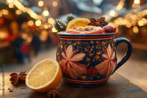 Warm spiced holiday drink with lemon and cinnamon in festive mug at Christmas market