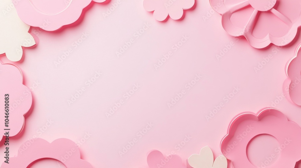 Photo of, Pink background with minimalist paper cutout shapes for design, banner template Photo of, Pink background with minimalist paper cutout shapes for design, banner template