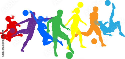 Soccer football player male and female colorful silhouette outlines men and women group