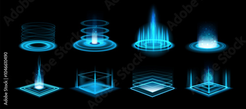 Portal. Blue futuristic neon glow hologram game stage with sparkles and vortex, teleport podium with light beams. HUD portals energy with blue rays. 3D tech vector product platform set.