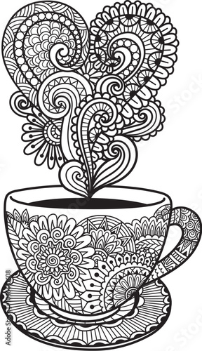Hand drawn mandala coffee or tea cup for printing , coloring page , engraving and so on. Vector illustration.