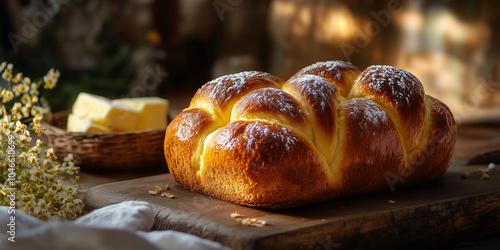 Golden-brown brioche à tête served on a wooden board with sweet butter. Freshly homemade baked breakfast or brunch on a kitchen table background. photo