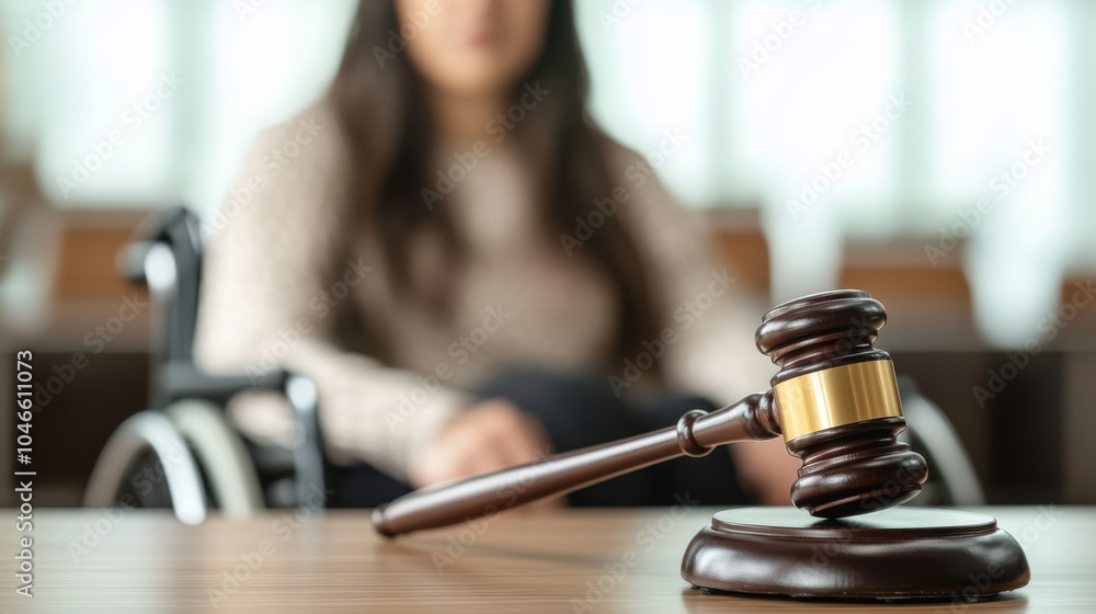 A gavel rests on a table in a courtroom, with a blurred figure in a wheelchair seated in the background, symbolizing justice and accessibility in legal settings. A gavel rests on a table in a courtroom, with a blurred figure in a wheelchair seated in the background, symbolizing justice and accessibility in legal settings.