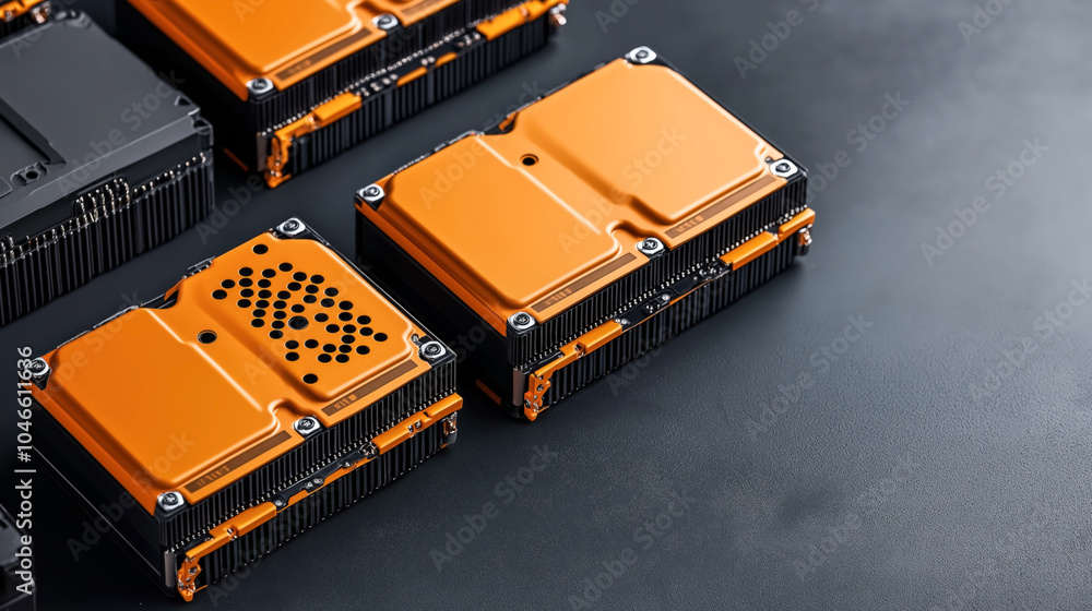 Close-up of several orange and black electronic units or components with visible connectors and screws on a dark surface, emphasizing technology and precision engineering. Close-up of several orange and black electronic units or components with visible connectors and screws on a dark surface, emphasizing technology and precision engineering.
