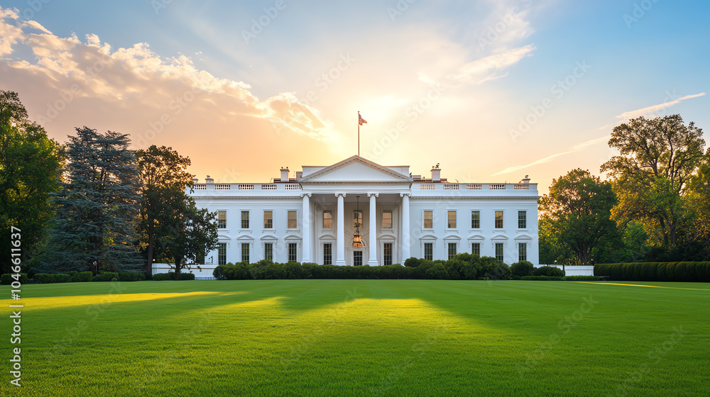 Obraz premium The White House at sunset, showcasing its classic architecture and manicured gardens, a symbol of American political history and heritage.