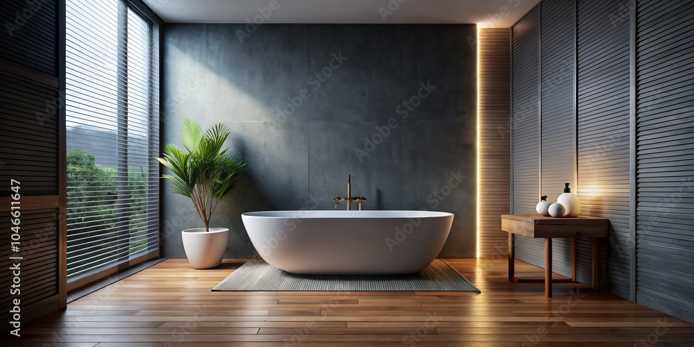 Fototapeta premium Modern Bathroom with White Bathtub, Gray Walls, Wooden Board, Silhouette Photography, Elegant Design, Cozy Atmosphere, Contemporary Style, Relaxation Space