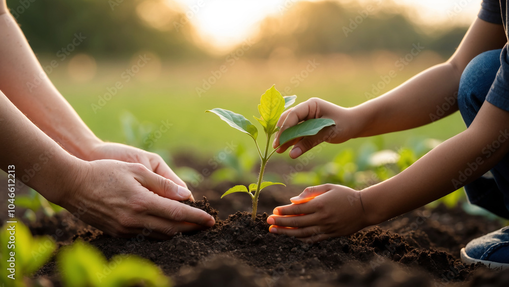 Fototapeta premium An adult and child plant a sapling together in rich soil, symbolizing environmental responsibility, care for nature, and passing on sustainability to future generations.
