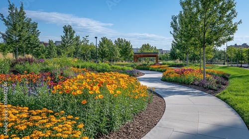 A winding concrete pathway leads through a lush, vibrant park, showcasing a vibrant array of colorful flowers.